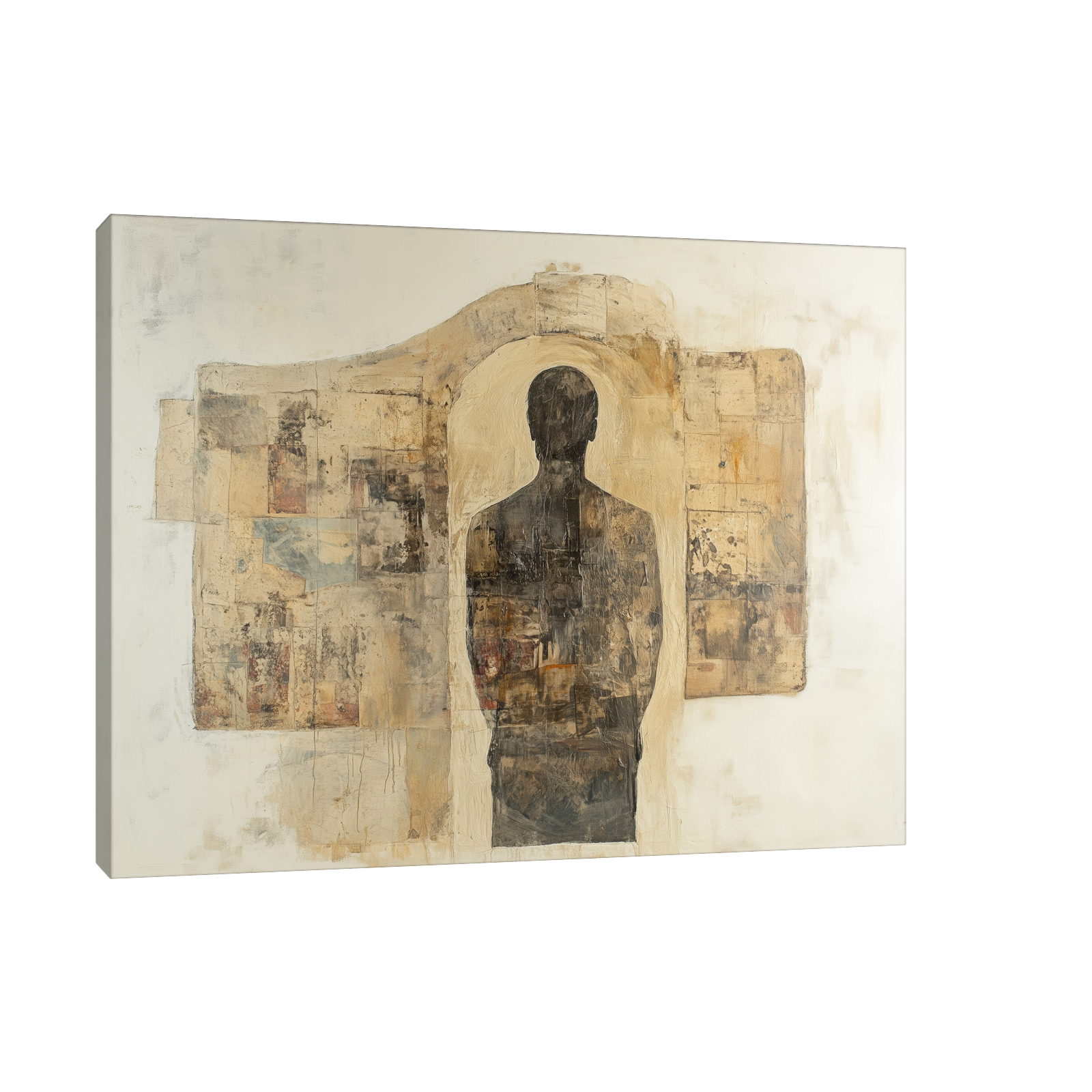 Abstract artwork of a human silhouette standing within a doorway shape, set against a textured neutral background with collage-like layers in earthy tones.