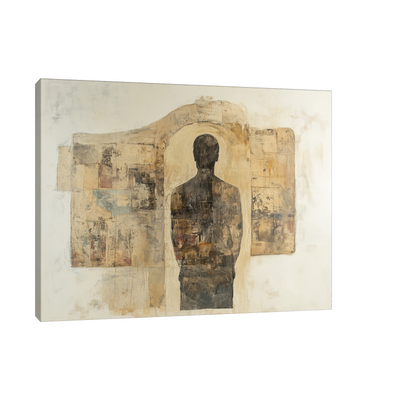 Abstract artwork of a human silhouette standing within a doorway shape, set against a textured neutral background with collage-like layers in earthy tones.