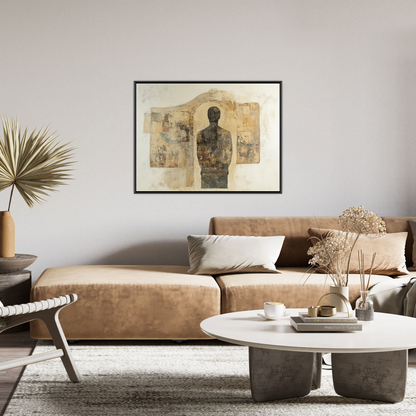 Abstract artwork of a human silhouette standing within a doorway shape, set against a textured neutral background with collage-like layers in earthy tones.