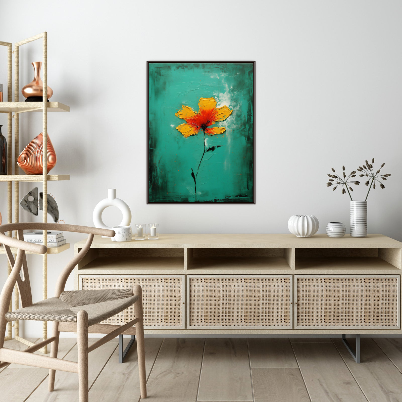 Orange flower on green background