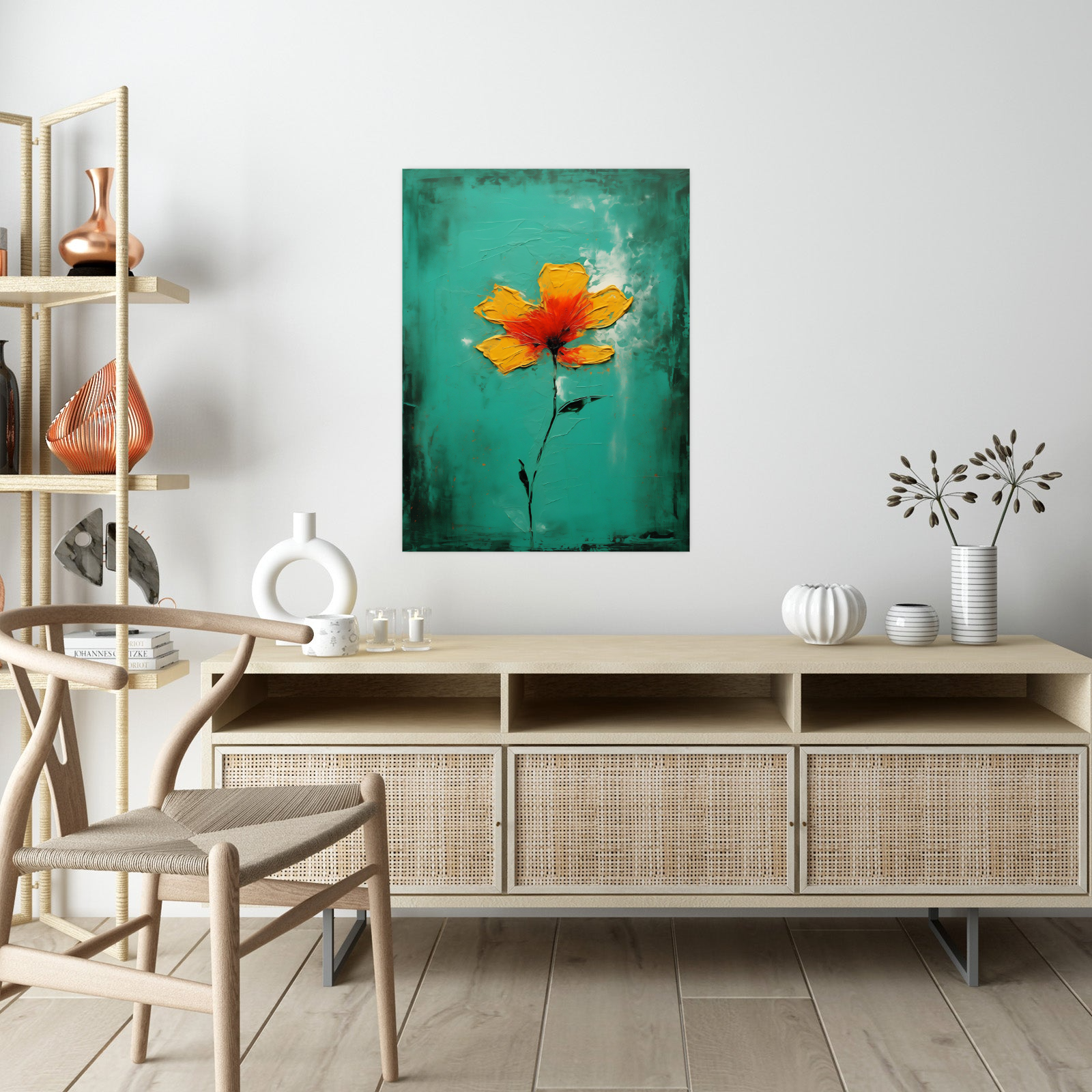 Orange flower on green background