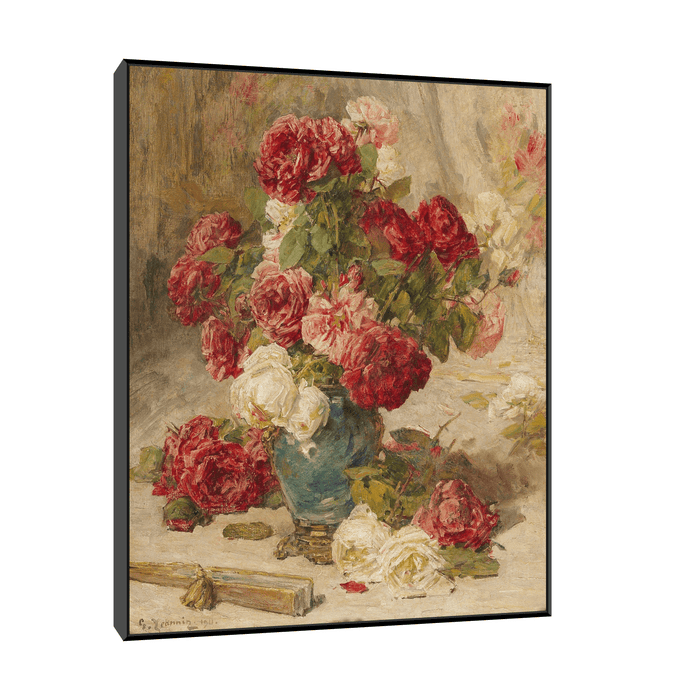 Roses in a vase and a fan, Georges Jeannin - ArtDeco Canvas