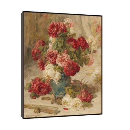 Roses in a vase and a fan, Georges Jeannin - ArtDeco Canvas