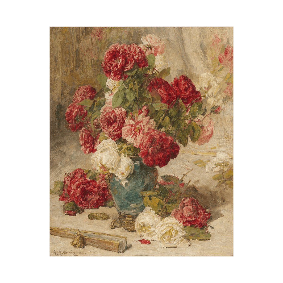 Roses in a vase and a fan, Georges Jeannin - ArtDeco Canvas