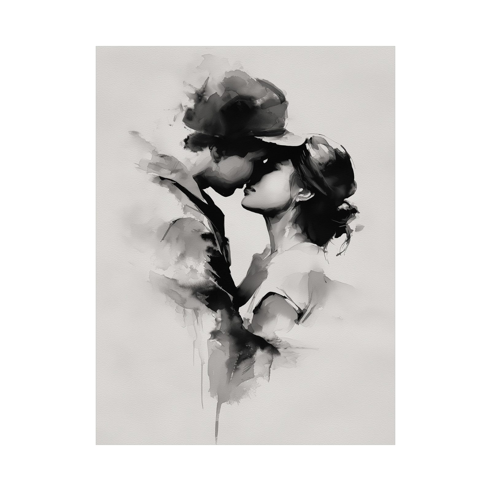Tender Kiss – Monochrome Watercolor Love Art