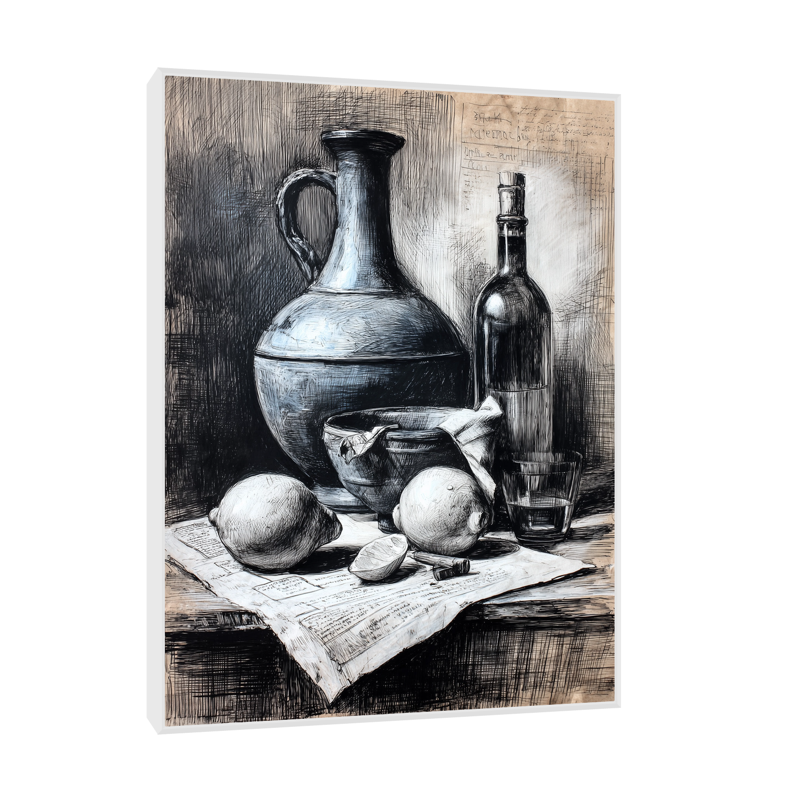 Vintage Still Life Drawing – Lemons, Jug, and Wine Bottle