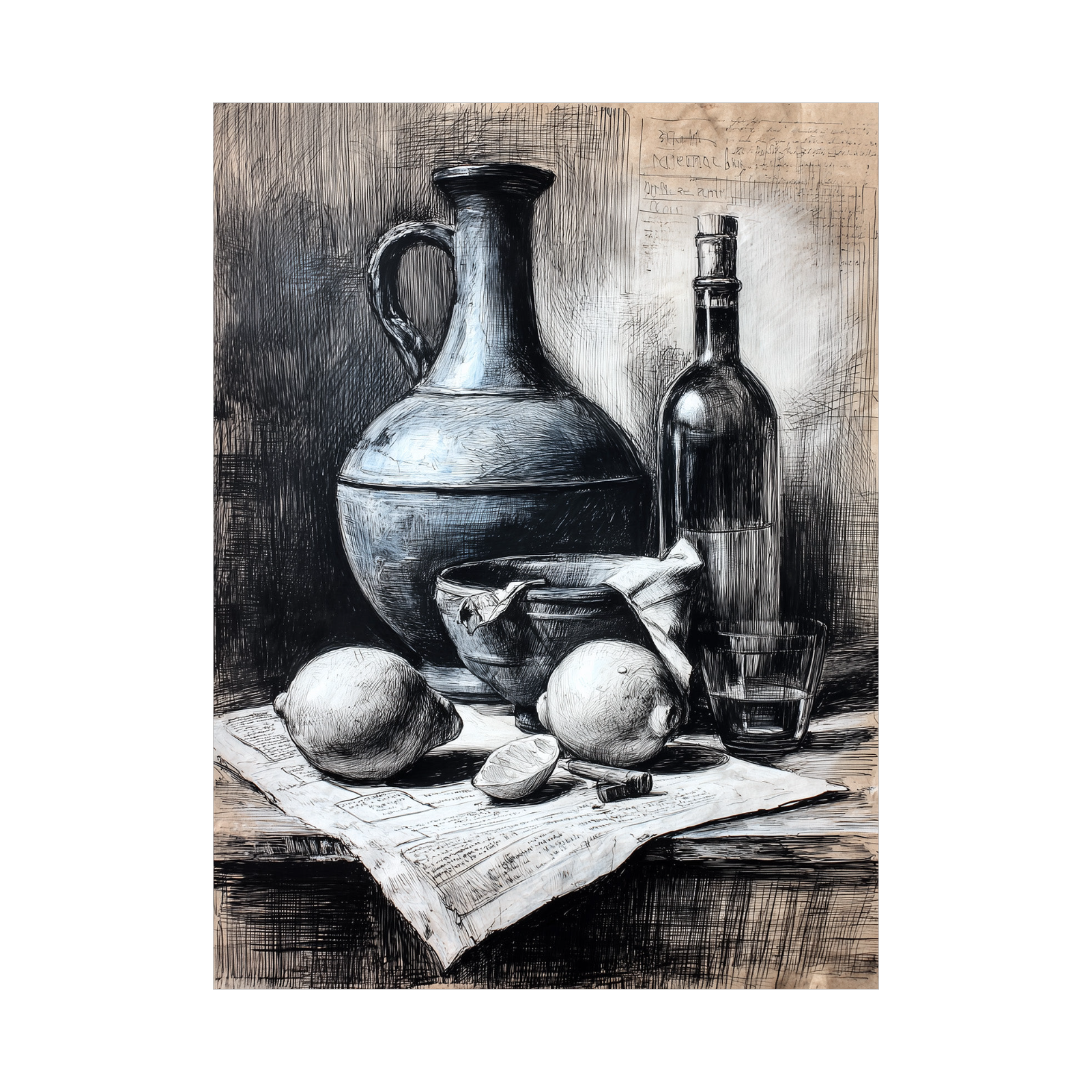 Vintage Still Life Drawing – Lemons, Jug, and Wine Bottle