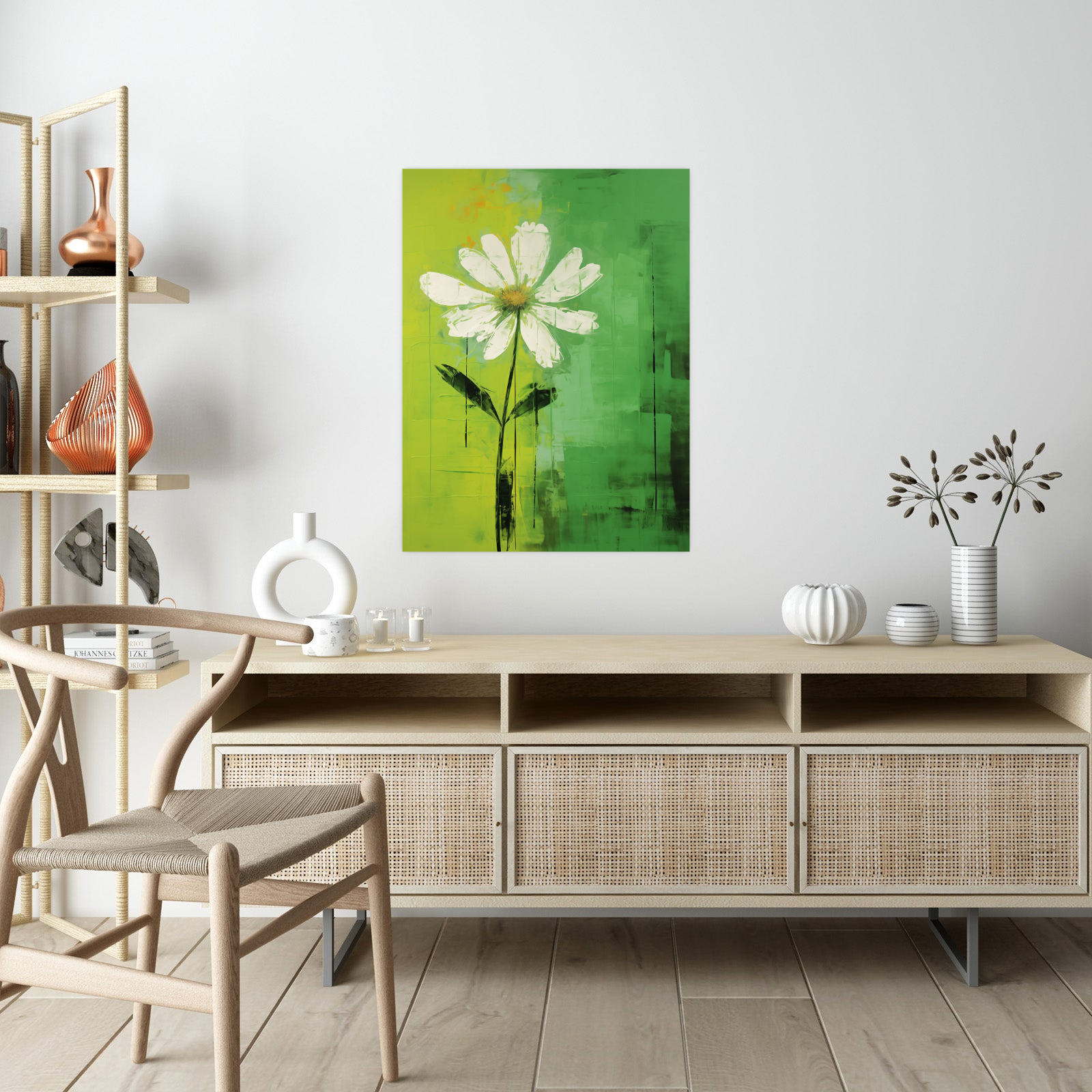 White daisy on green background