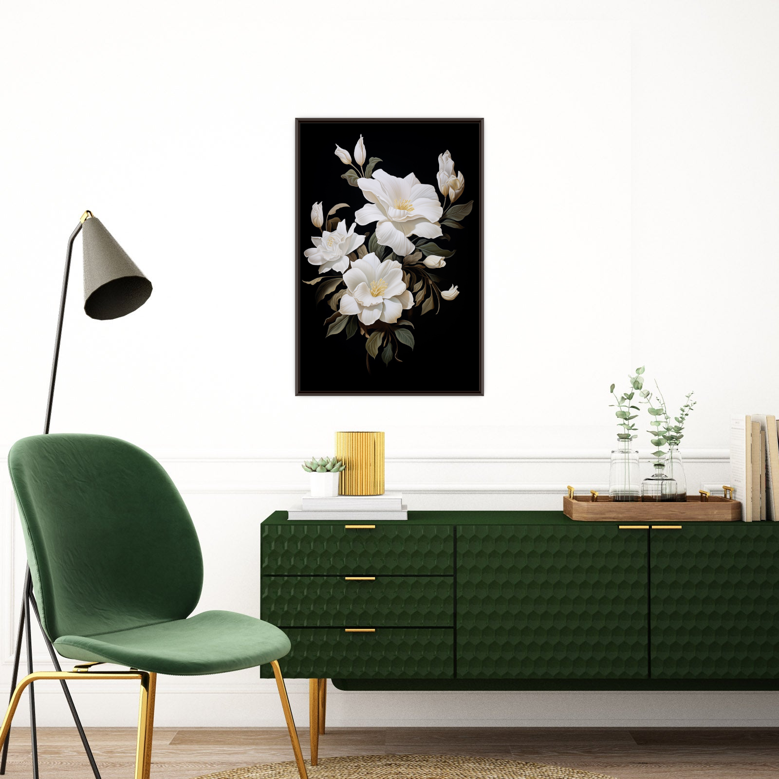 White flowers on black