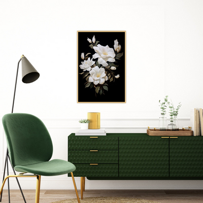 White flowers on black