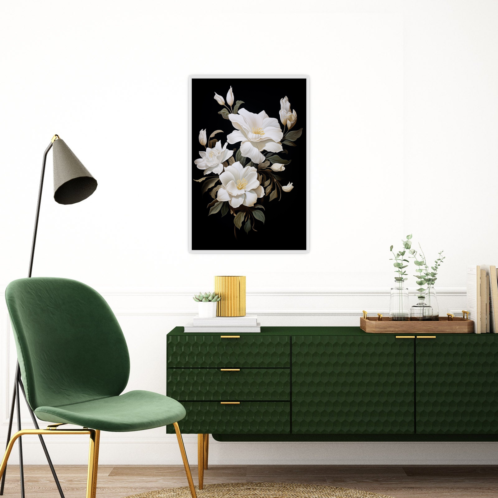 White flowers on black