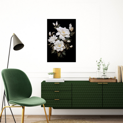 White flowers on black