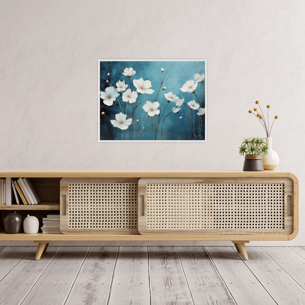 White flowers on blue - ArtDeco Canvas