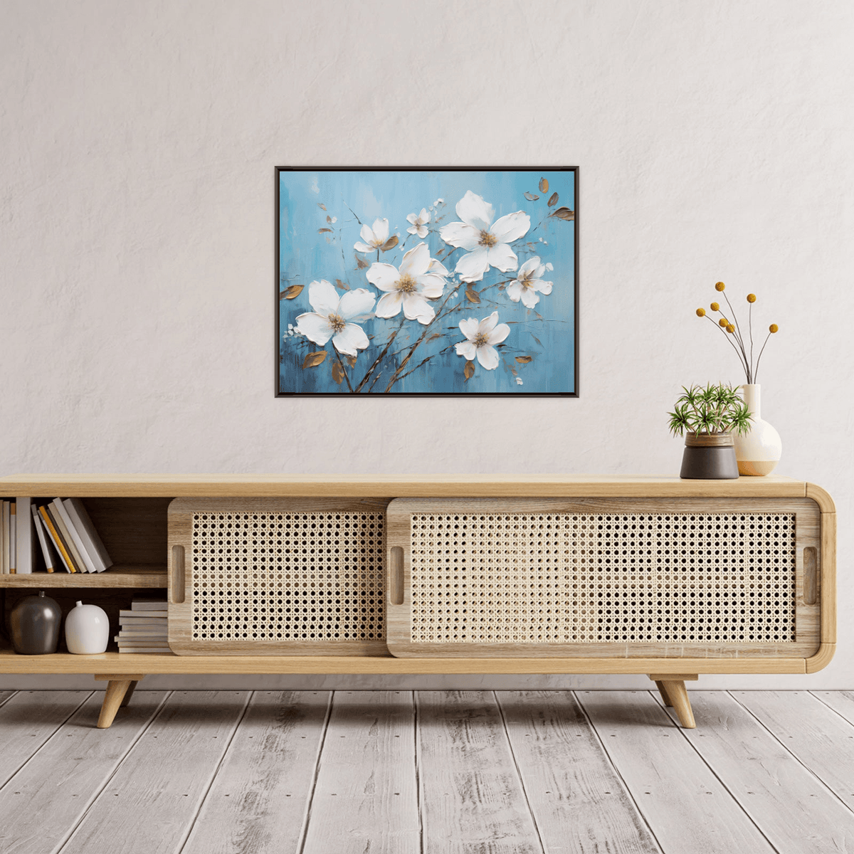 White flowers on blue ll - ArtDeco Canvas