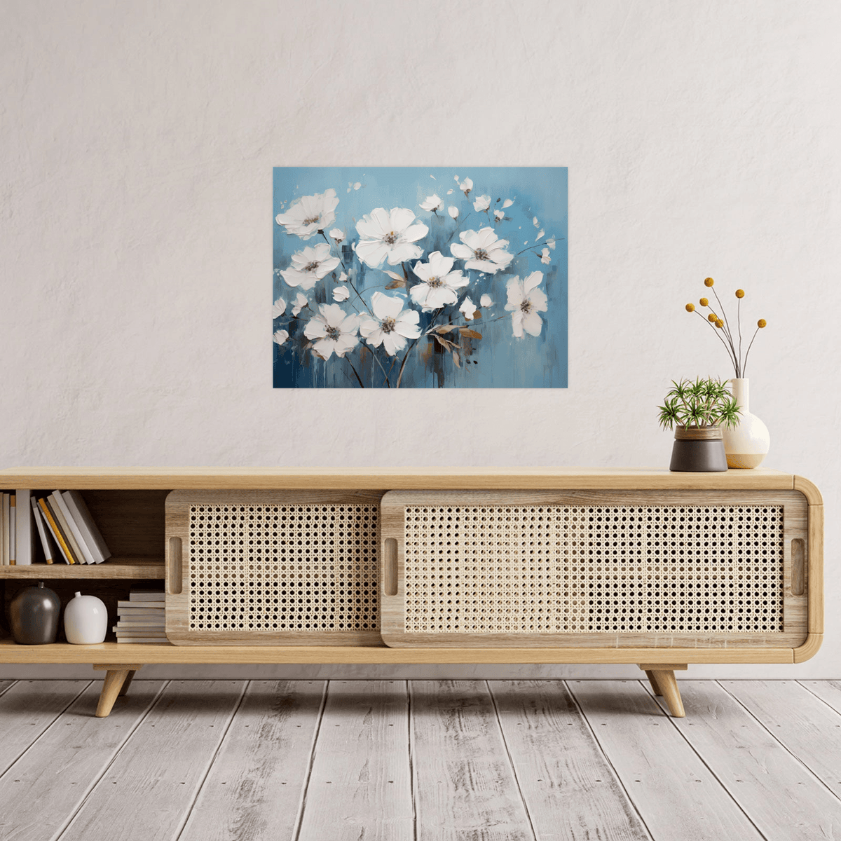 White flowers on the blue meadow - ArtDeco Canvas