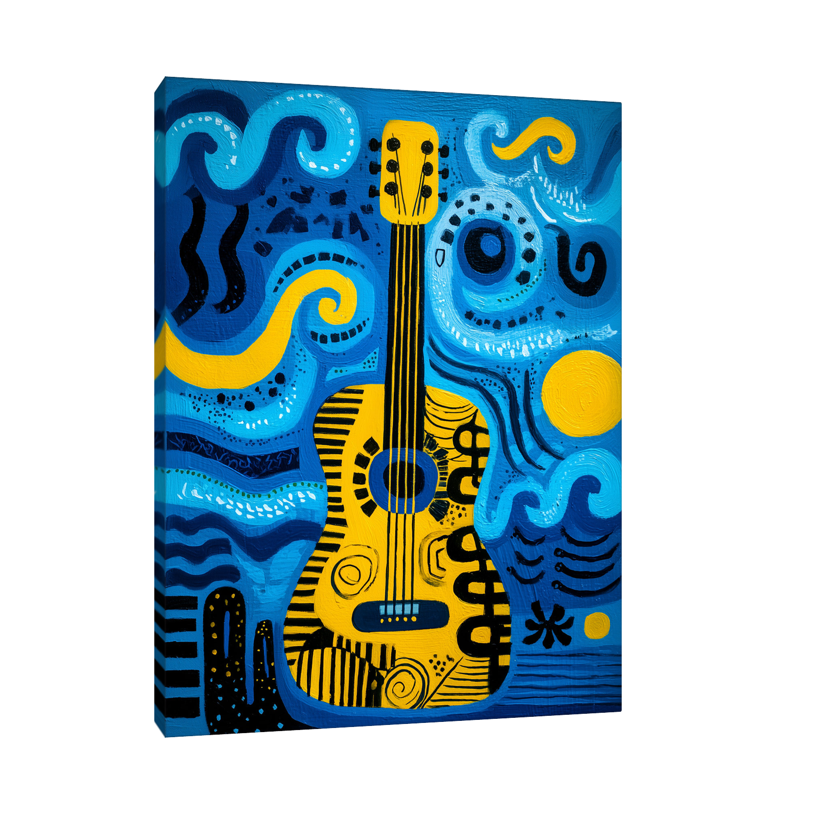 Abstract painting of a yellow guitar surrounded by swirling ocean waves and musical motifs in vibrant blue, black, and yellow tones.