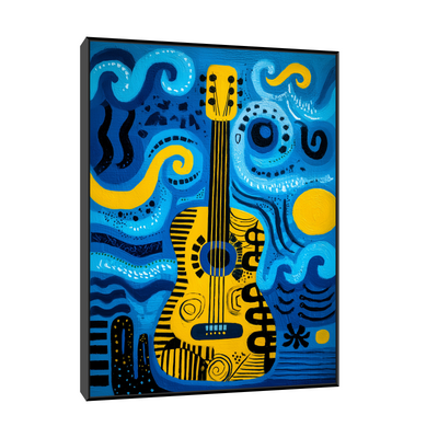 Abstract painting of a yellow guitar surrounded by swirling ocean waves and musical motifs in vibrant blue, black, and yellow tones.
